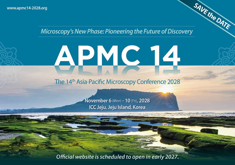 APMC14 save-the-date poster for the 14th Asia-Pacific Microscopy Conference, Jeju Island, Korea, November 2028